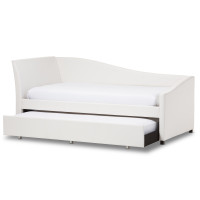 Baxton Studio Vera-White-Daybed Vera Upholstered Curved Sofa Twin Daybed with Roll-Out Trundle Guest Bed